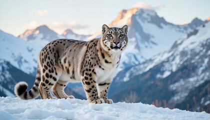 Fototapeta premium Snow leopard standing on snow with mountains in background