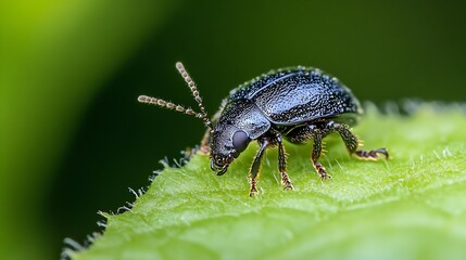 Closeup of shiny black beetle on a bright green leaf in natural habitat macro photography : Generative AI