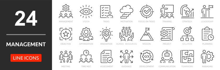 Management thin line icon set. Business and management outline icons collection. Mission, teamwork, values, strategy, organization, communication, human resource - stock vector.