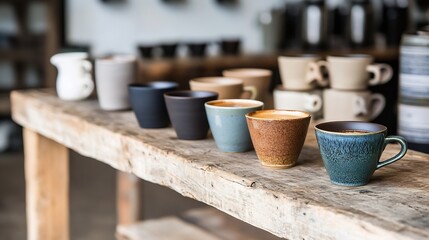 Rustic Caf&eacute; Setting Showcasing an Array of Handmade Ceramic Cups on Weathered Wooden Table : Generative AI