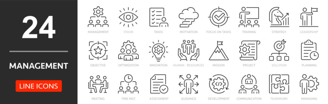 Management thin line icon set. Business and management outline icons collection. Mission, teamwork, values, strategy, organization, communication, human resource - stock vector.