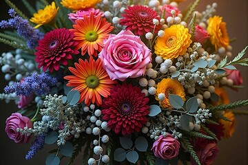 Naklejka premium Vivid and Colorful Mixed Flower Bouquet Still Life with Elegant Floral Arrangement and Fresh Blooms
