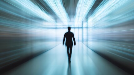 Dynamic Motion Blur Silhouette of Businessman Walking Through Urban Corridor : Generative AI