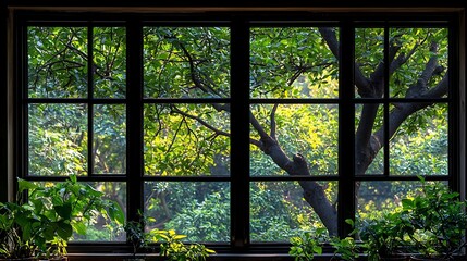 Lush green tree branches viewed through a large window.