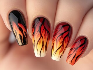 Vibrant nail art featuring a fiery gradient of red, orange, and black, showcasing intricate flame designs on stylish long nails.
