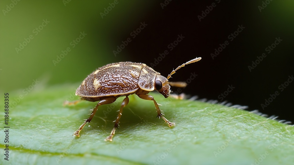 Poster macro closeup of a brown beetle on green leaf nature background : generative ai