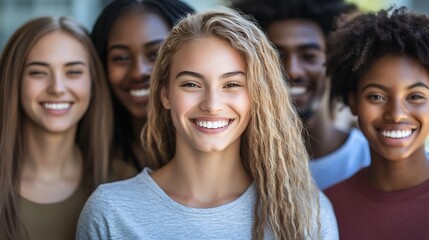 Obraz premium Smiling Group of Diverse Young Adults with Focus on Bright Central Figure : Generative AI