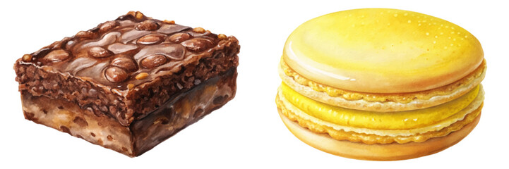 Delicious dessert illustrations, colorful macarons, rich chocolate brownies, sweet treats, bakery art, food design.