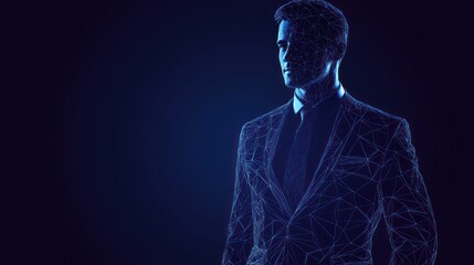 Abstract polygonal businessman portrait, dark background.