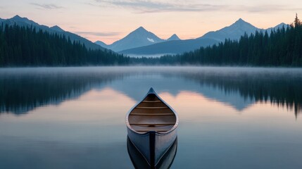 Serene Sunrise at Mountain Lake with Calm Waters and Canoe