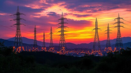 Fototapeta premium Creative depiction of power, with electric currents, glowing grids, and dynamic light patterns, representing how power flows through systems to drive industries, homes, and infrastructure