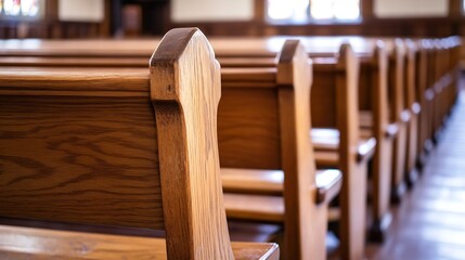 Wooden Church Pews in Sunlit Empty Church Interior for Religious and Spiritual Imagery : Generative AI