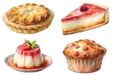 Delicious dessert illustrations, colorful pastries, watercolor style, sweet treats, gourmet desserts, artistic food presentation.