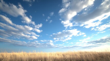 Fototapeta premium Expansive Prairie Landscape Underneath Detailed and Bright Cloud Patterns in Blue Sky : Generative AI