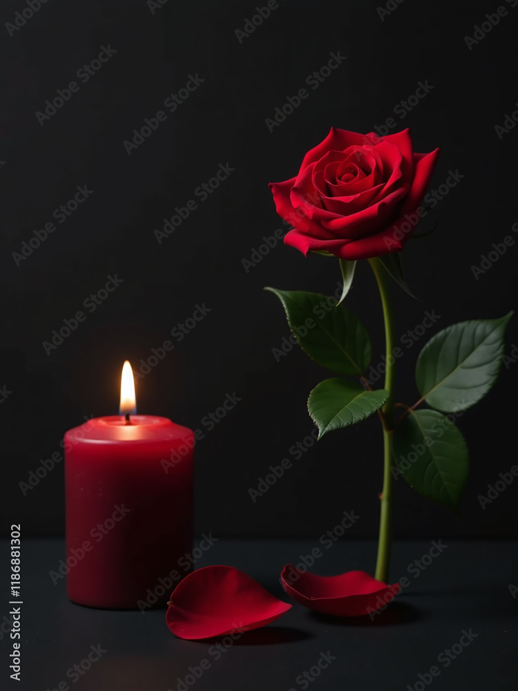Poster a simple red rose is placed next to a candle on a dark black background in a copy space banner desig