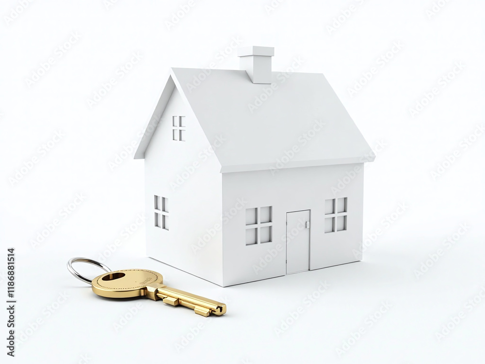 Poster a simple illustration of a house model with a key placed prominently on a clean white background. 00