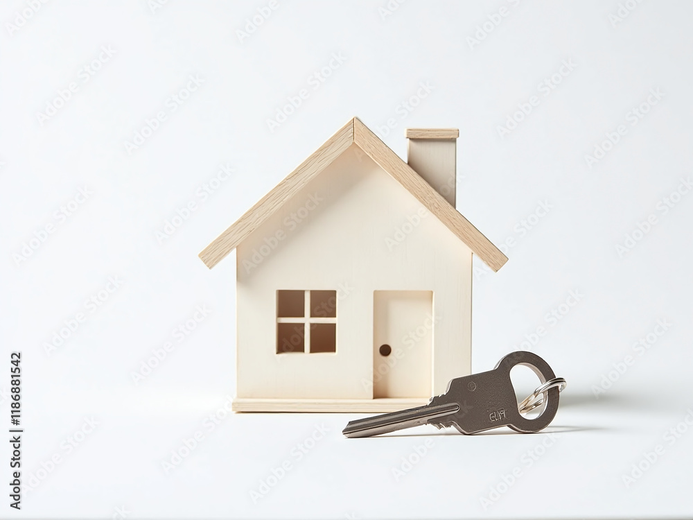 Poster a simple illustration of a house model with a key placed prominently on a clean white background. 00