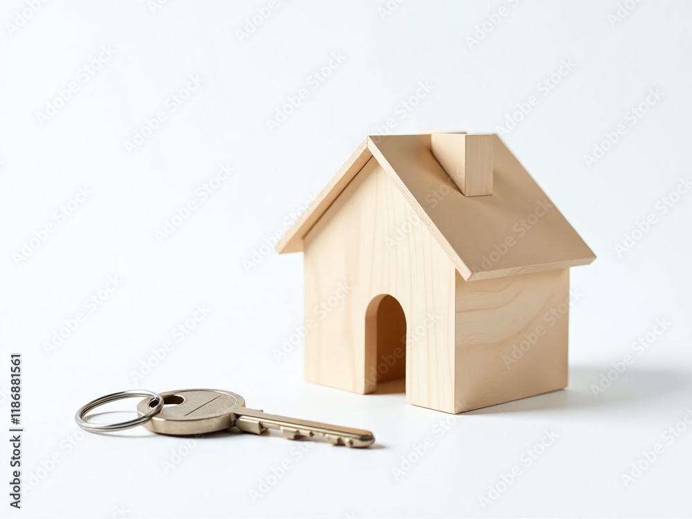 Poster a simple illustration of a house model with a key placed prominently on a clean white background. 00