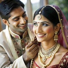 celebration young indian married couple happy and