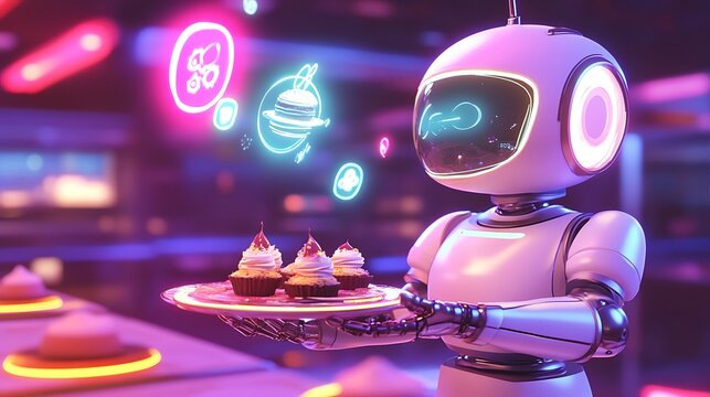 Futuristic robot serving cupcakes in a neon-lit kitchen