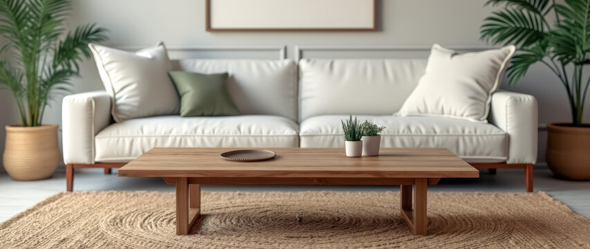 light wood coffee table with potted plants a living room setting