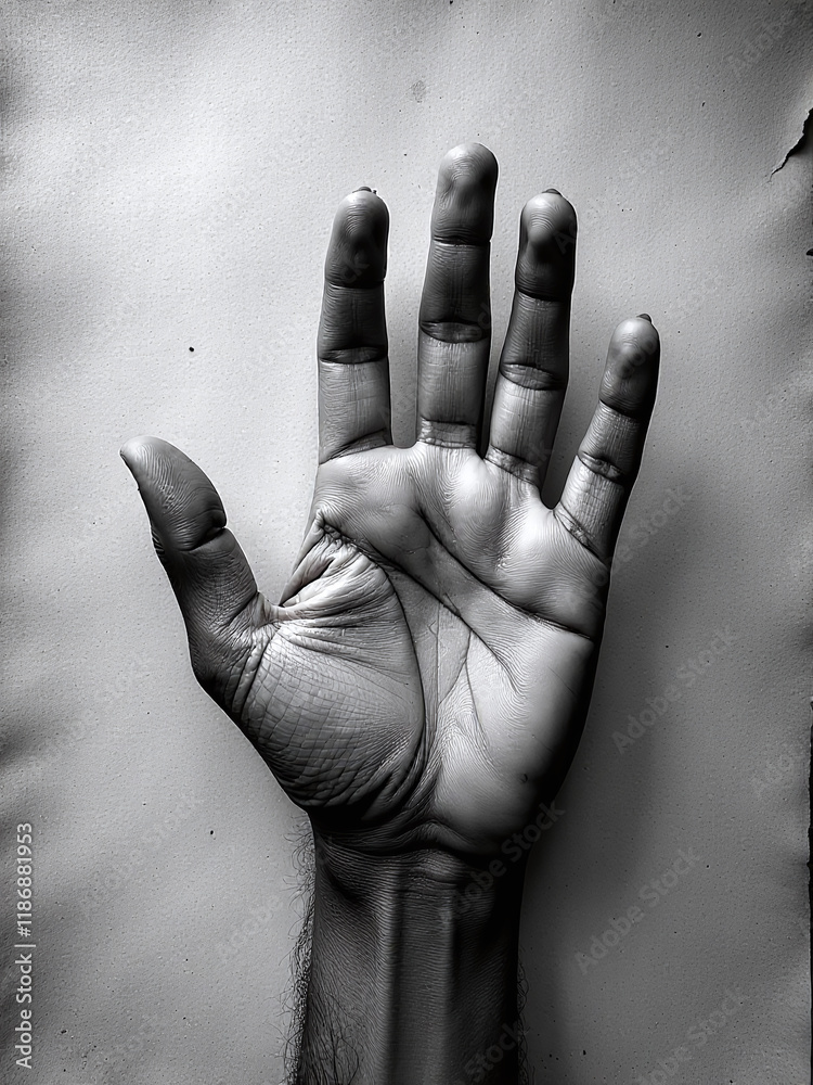Poster a simple hand gesture stop sign against a black and white textured paper background with plenty of c