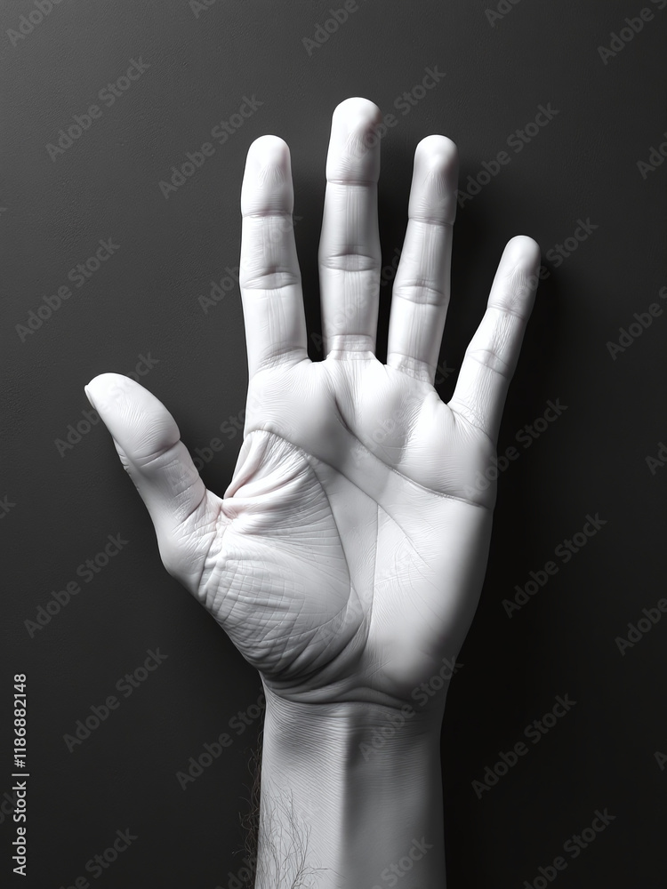 Poster a simple hand gesture stop sign against a black and white textured paper background with plenty of c