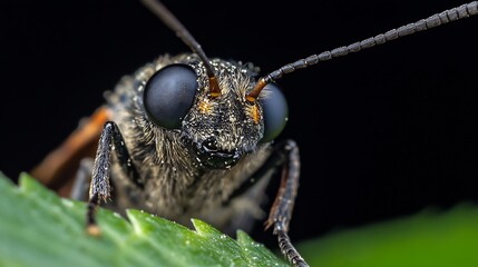 Macro Closeup of Black Insect with Prominent Eyes on Leaf : Generative AI