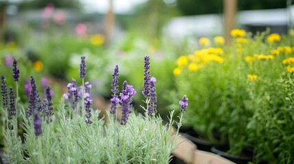 Obraz premium Vibrant Lavender and Marigold Flowers in a Sunlit Garden Nursery Setting : Generative AI