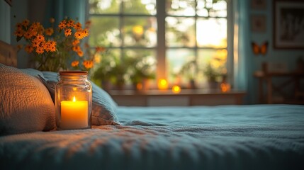Candlelight illuminates a cozy bedroom scene at dusk