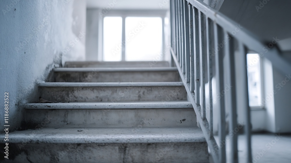 Aufkleber Abandoned Staircase in Minimalist Setting with Abstract Light : Generative AI