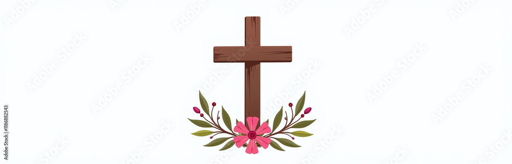Poster a simple graphic featuring a christian cross surrounded by flowers, isolated on a white background f