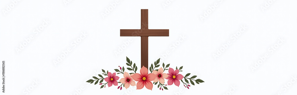 Poster a simple graphic featuring a christian cross surrounded by flowers, isolated on a white background f