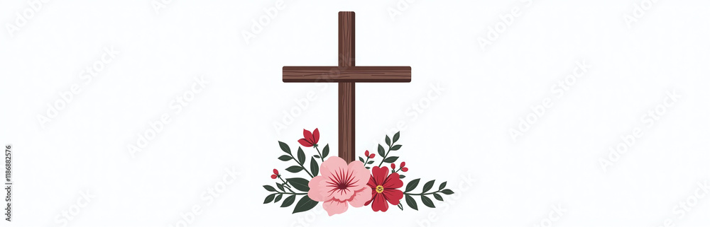Poster a simple graphic featuring a christian cross surrounded by flowers, isolated on a white background f