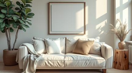 Fototapeta premium sunlit living room with beige sofa lush greenery
