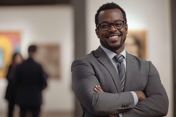 Fototapeta premium A cheerful and handsome African American executive milling about in the office workspace