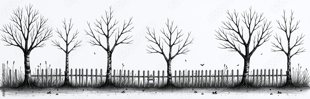 Poster a simple fence is constructed from young birch trees in a striking black and white color scheme. 000