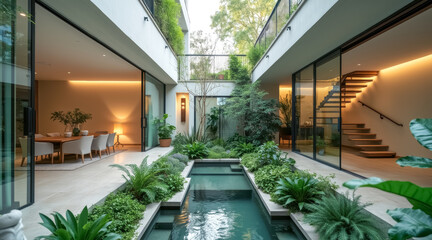 modern house with tranquil indoor courtyard reflecting pool