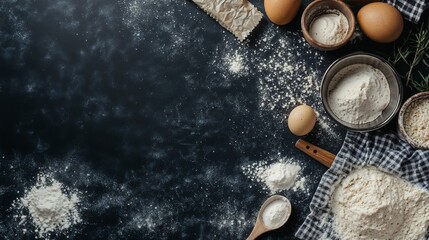 Baking ingredients on table with flour, eggs, bowls, and rosemary for banner.Baking ingredients, recipe concept, culinary design, baking event, cooking materials promotion, food poster.creativity. 

