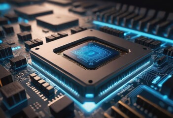 Fototapeta premium A detailed close up image of a computer chip positioned on a motherboard