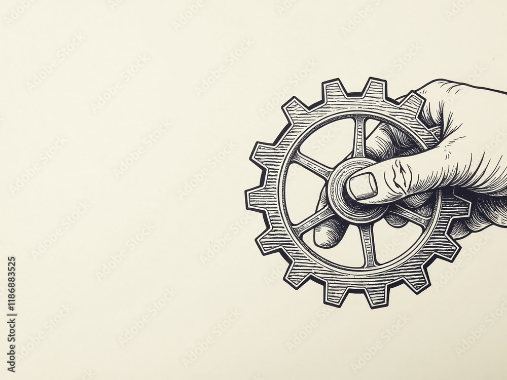 Poster a simple black and white illustration of a hand turning gear with copy space available on textured p