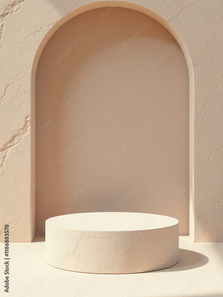 Poster a simple beige podium stands against a minimalist rock background for presenting products in a subtl