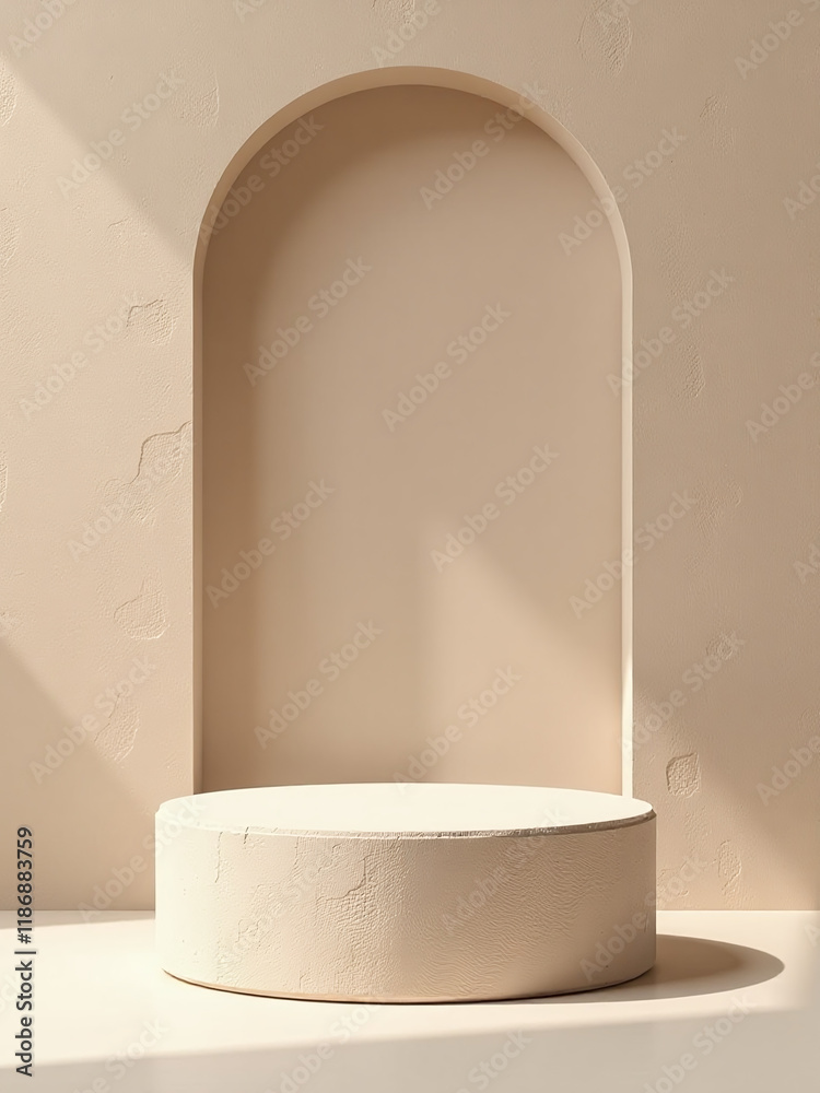 Poster a simple beige podium stands against a minimalist rock background for presenting products in a subtl