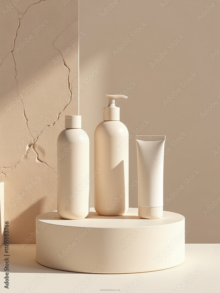 Poster a simple beige podium stands against a minimalist rock background for presenting products in a subtl