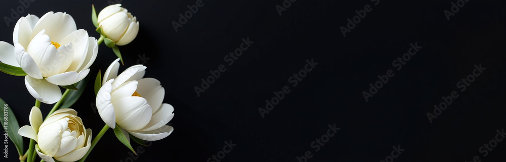 Poster a simple arrangement of white peonies against a dark black background creates a clean and elegant co