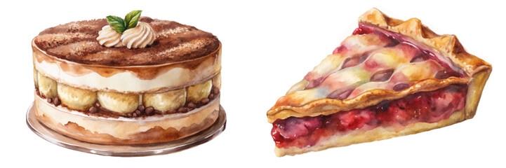 Delicious dessert illustrations, watercolor cake, berry pie, sweet treats, food art, culinary design.