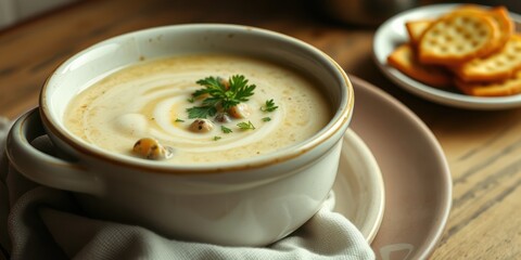 Creamy Soup in a White Bowl with Garnish and a Side of Crackers