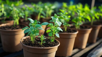 Young Green Plants in Terracotta Pots on Garden Shelf with Vibrant Growth : Generative AI