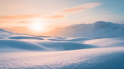 Peaceful Winter Sunrise Over Snowy Mountain Landscape with Serene Golden Sky : Generative AI