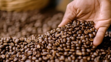 Hand Gently Touching and Selecting High Quality Coffee Beans Close Up : Generative AI